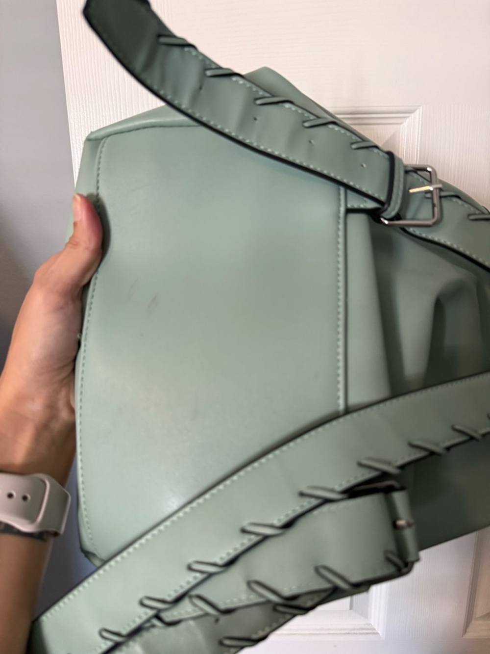 Zara Sage Green Faux Leather Backpack Minimalist Flap Drawstring Bag - Picture 6 of 7